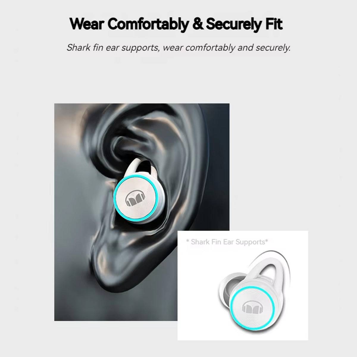 Close-up of MONSTER Clarity 101 Plus Airlinks True Wireless Earphones in-ear, showcasing shark fin ear supports for a secure and comfortable fit.