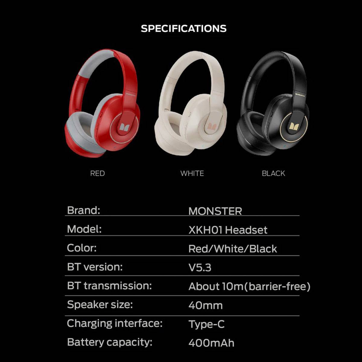 MONSTER XKH01 Bluetooth Wireless Headphones specifications, available in red, white, and black, featuring 40mm speakers, Type-C charging, and 400mAh battery.