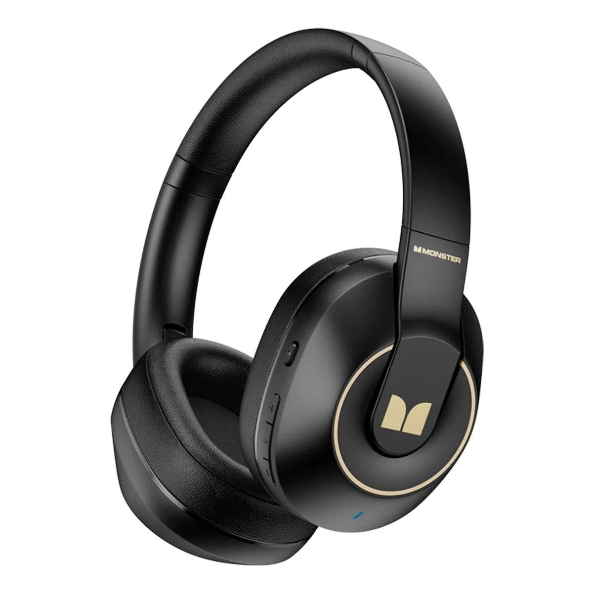 MONSTER XKH01 Bluetooth Wireless Headphones in black with gold accents, featuring ANC, dual connection, and 25-hour battery life for premium audio.