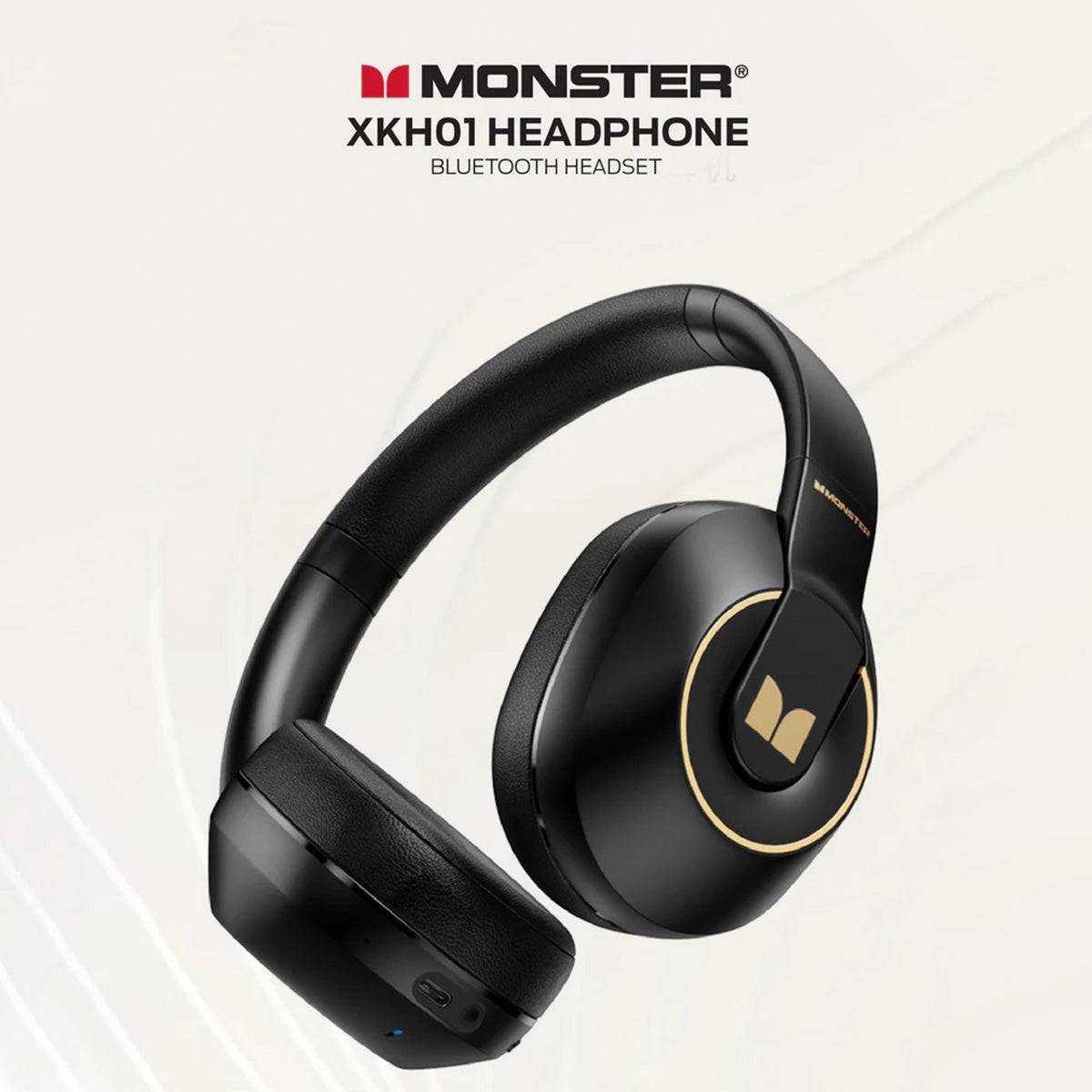 MONSTER XKH01 Bluetooth Wireless Headphones with mic, shown in black with gold detailing, offering HiFi sound, ANC, and ergonomic comfort.