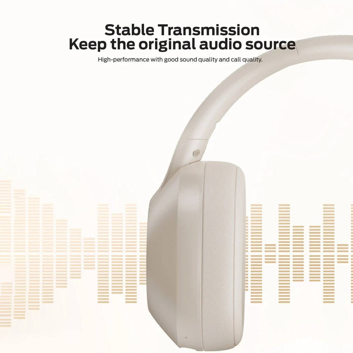Close-up of MONSTER XKH01 Wireless Headphones in white, highlighting stable audio transmission, high-performance sound, and clear call quality.