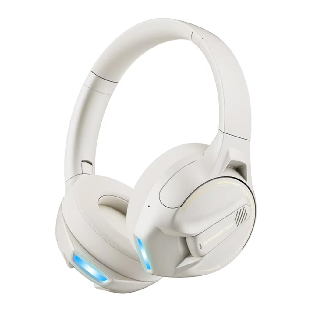 MONSTER XKH03 ANC Bluetooth Wireless Headphones in white with blue LED accents, featuring ergonomic design and noise cancellation for premium audio experience.