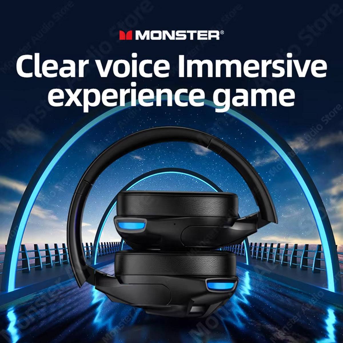 MONSTER XKH03 ANC Bluetooth Wireless Headphones folded for compact storage, highlighting clear voice and immersive gaming experience with noise cancellation.