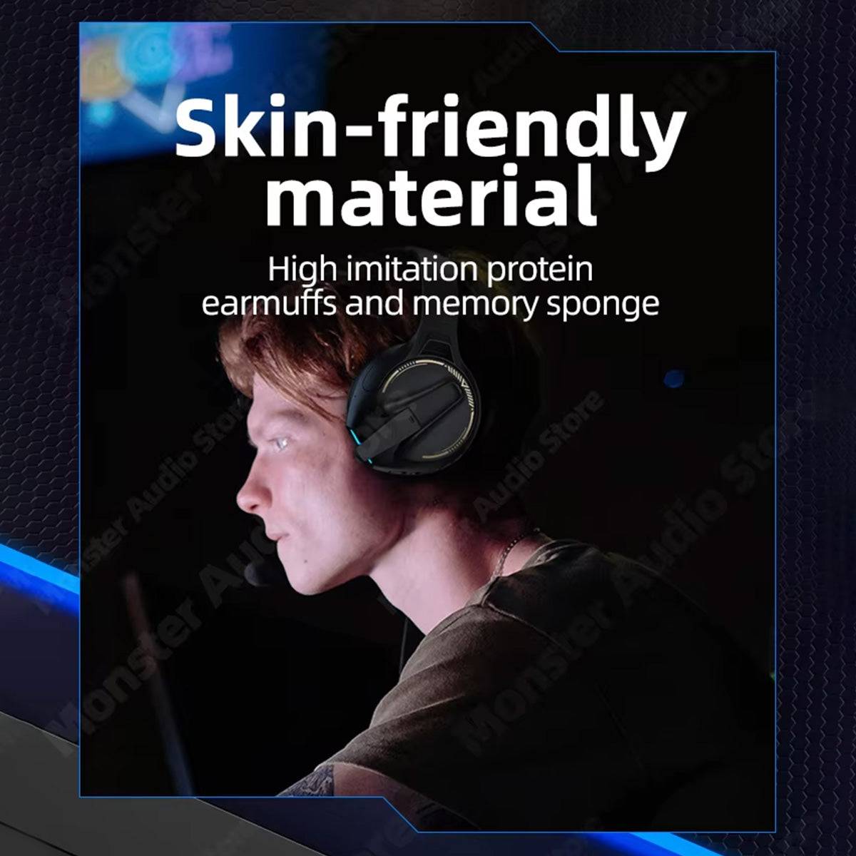 A person wearing MONSTER XKH03 ANC Bluetooth Wireless Headphones, showcasing skin-friendly materials with high-imitation protein earmuffs and memory sponge for comfort.
