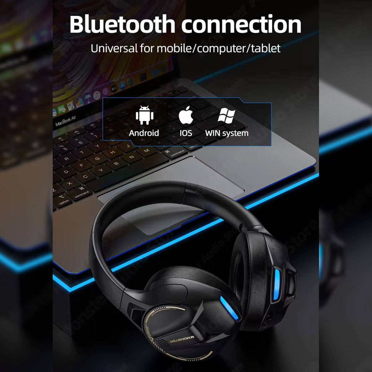MONSTER XKH03 ANC Bluetooth Wireless Headphones connected to a laptop, demonstrating universal Bluetooth compatibility with Android, iOS, and Windows devices.