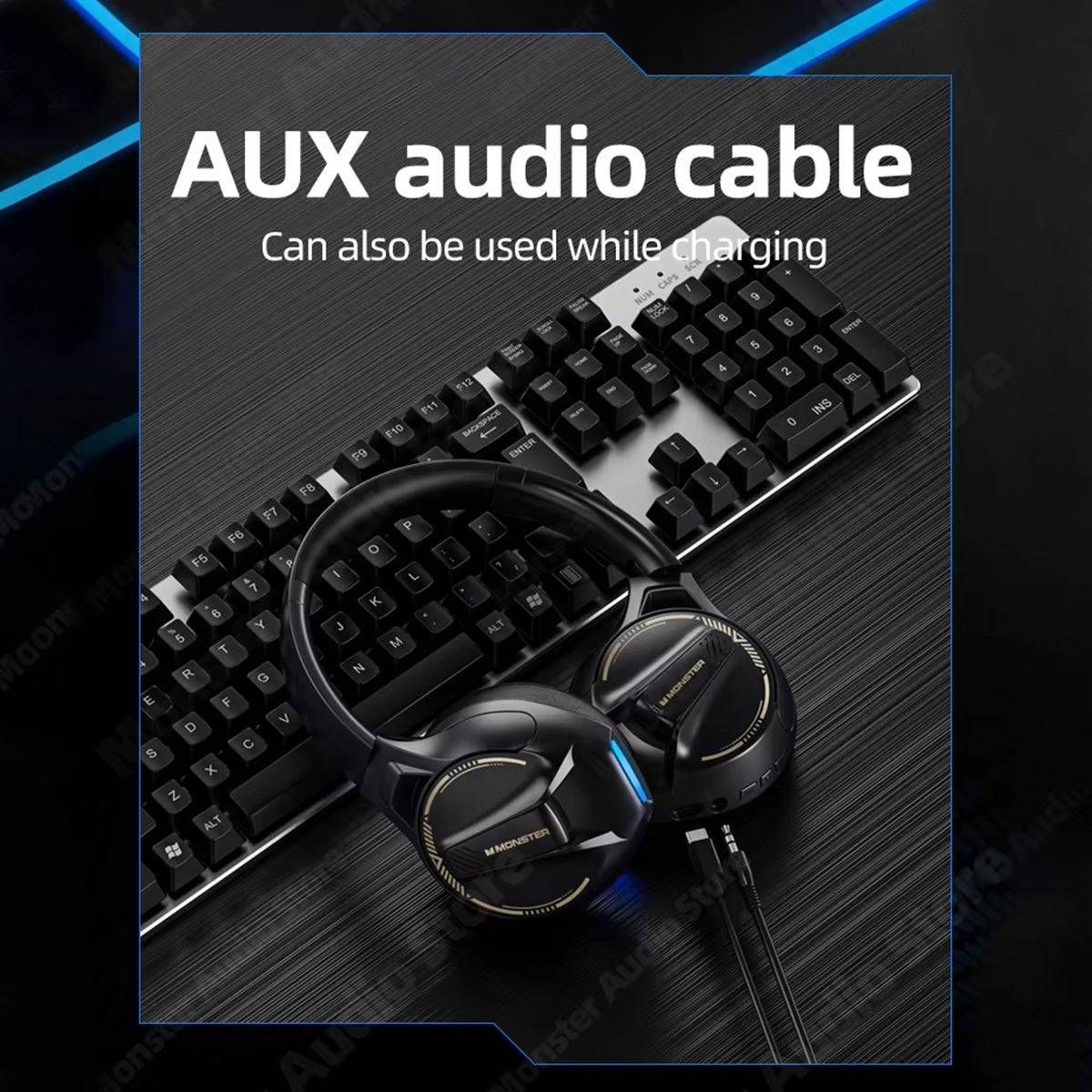 MONSTER XKH03 ANC Bluetooth Wireless Headphones connected via AUX cable, allowing wired audio playback even while charging for uninterrupted listening.