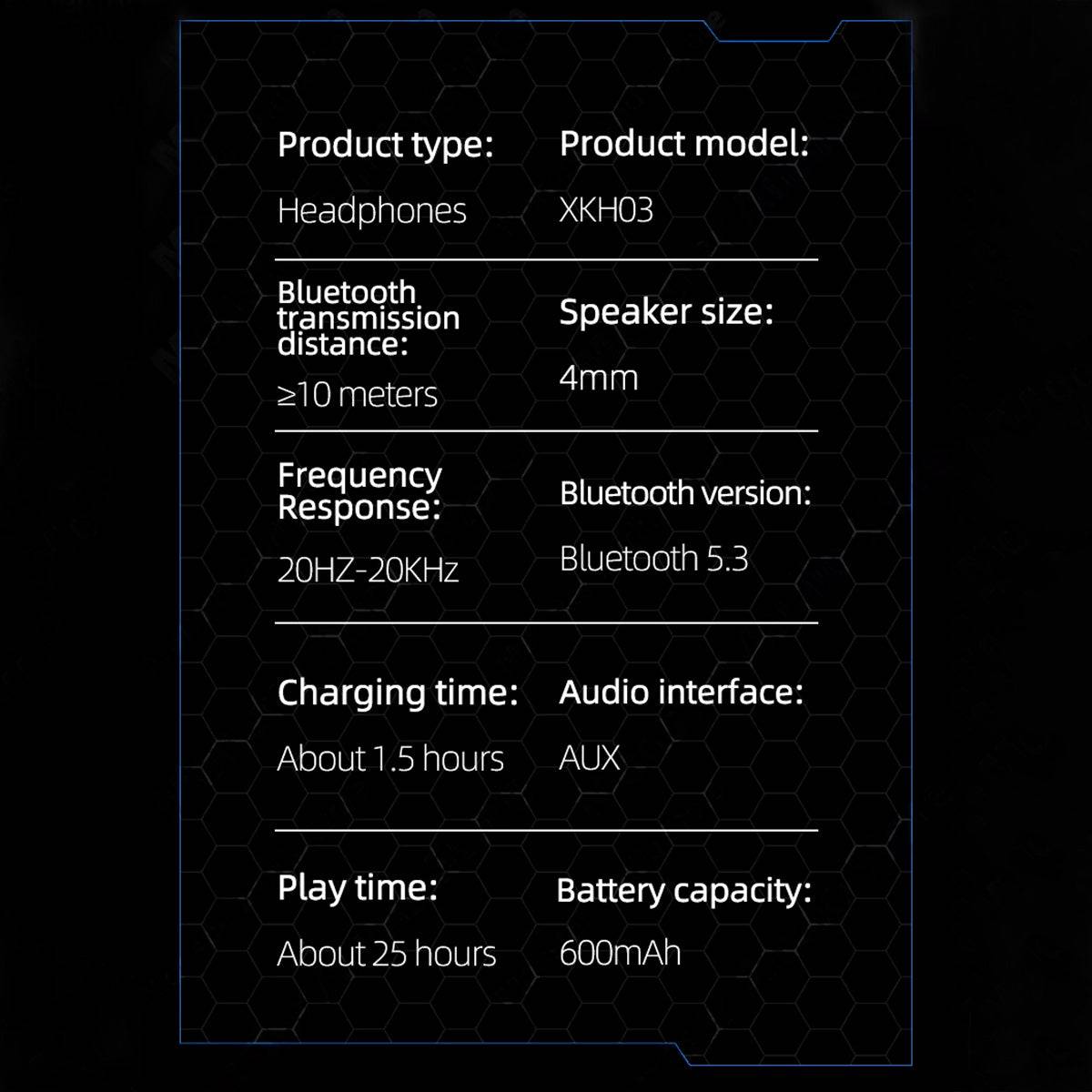 Technical specifications of MONSTER XKH03 ANC Bluetooth Wireless Headphones, including Bluetooth 5.3, 600mAh battery, 25-hour playtime, and 20Hz-20KHz frequency response.