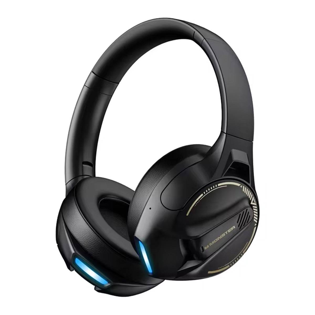 MONSTER XKH03 ANC Bluetooth Wireless Headphones in black with gold accents and blue LED lighting, offering active noise cancellation and immersive sound quality.