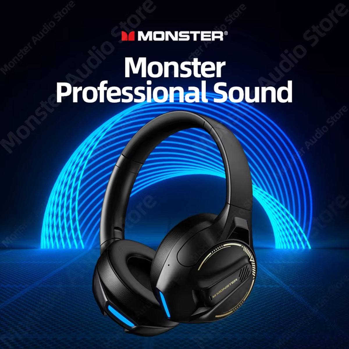MONSTER XKH03 ANC Bluetooth Wireless Headphones with professional sound quality, highlighted against a blue neon background for an immersive audio experience.
