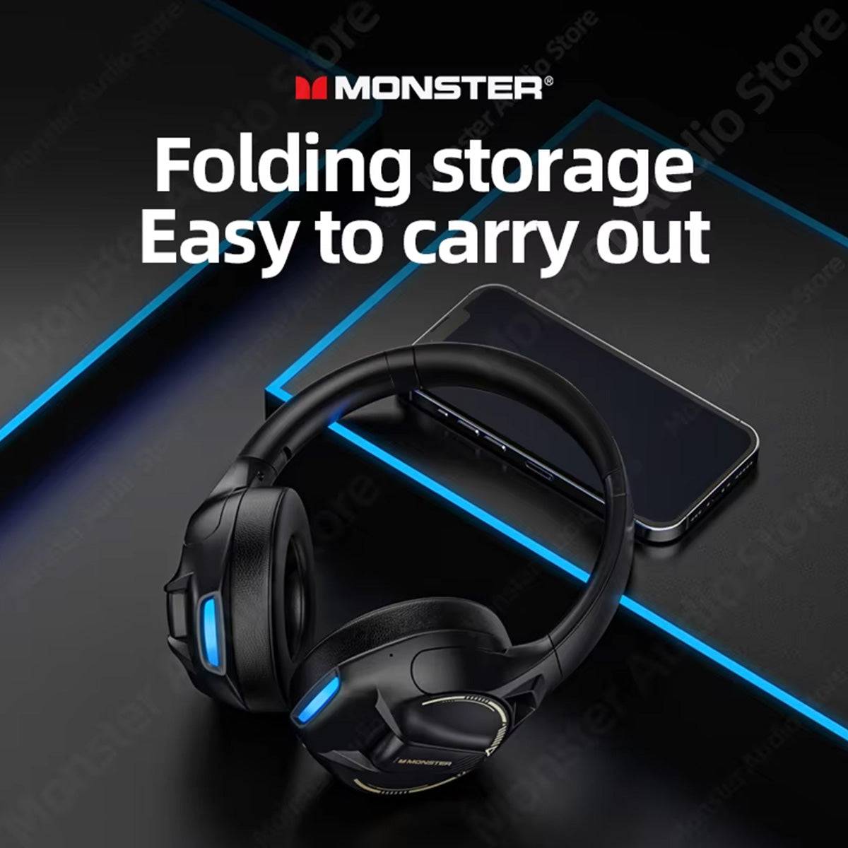 Foldable MONSTER XKH03 ANC Bluetooth Wireless Headphones placed beside a smartphone, showcasing their compact and portable design for easy storage and travel.