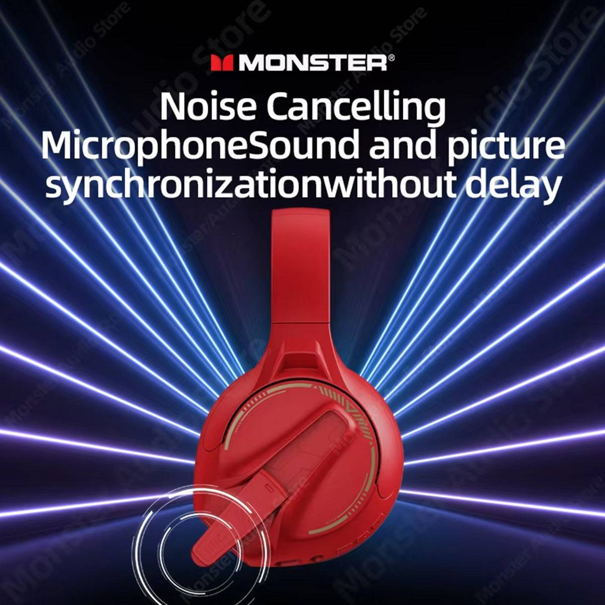 Red MONSTER XKH03 ANC Bluetooth Wireless Headphones with noise-canceling microphone, ensuring synchronized sound and picture without delay for an enhanced experience.