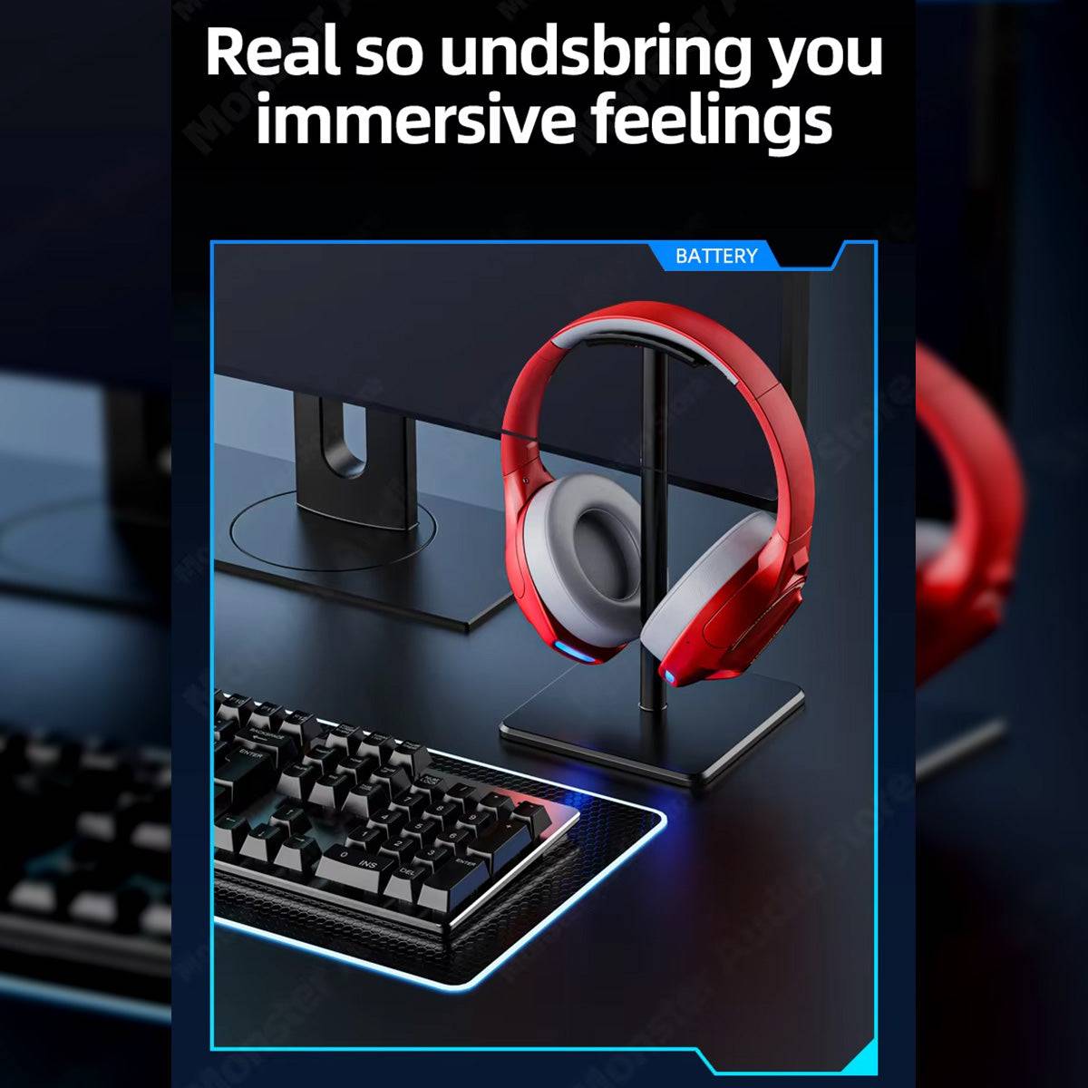 Red MONSTER XKH03 ANC Bluetooth Wireless Headphones displayed on a stand beside a gaming setup, emphasizing immersive audio performance for gaming and entertainment.