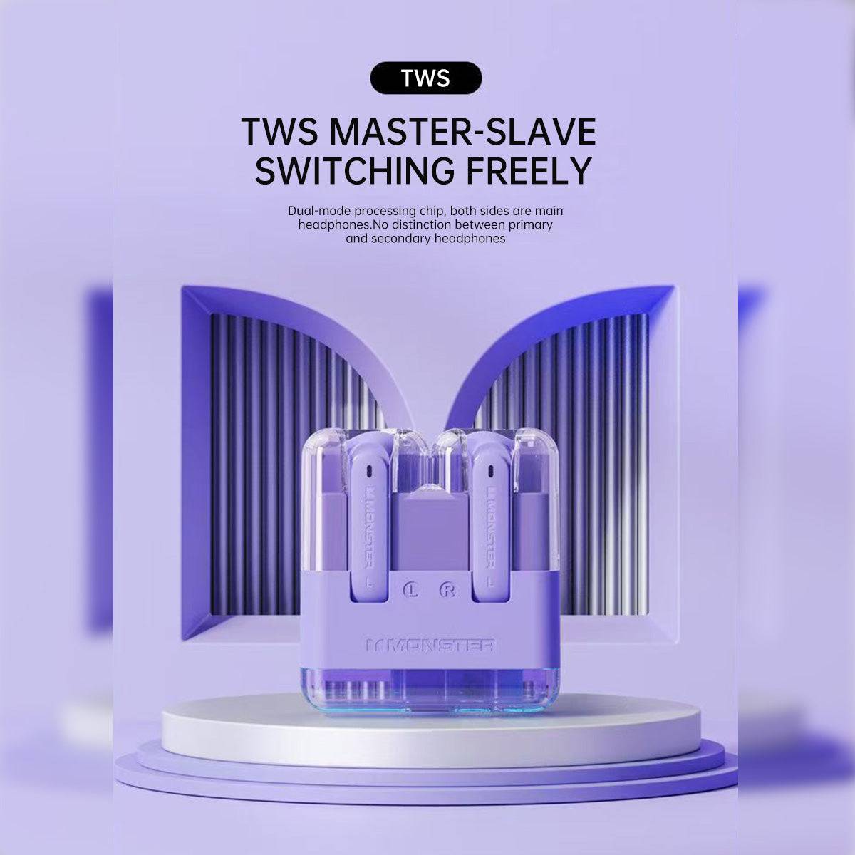 Purple MONSTER XKT12 TWS earphones with master-slave switching, allowing seamless use of both earbuds as primary devices.