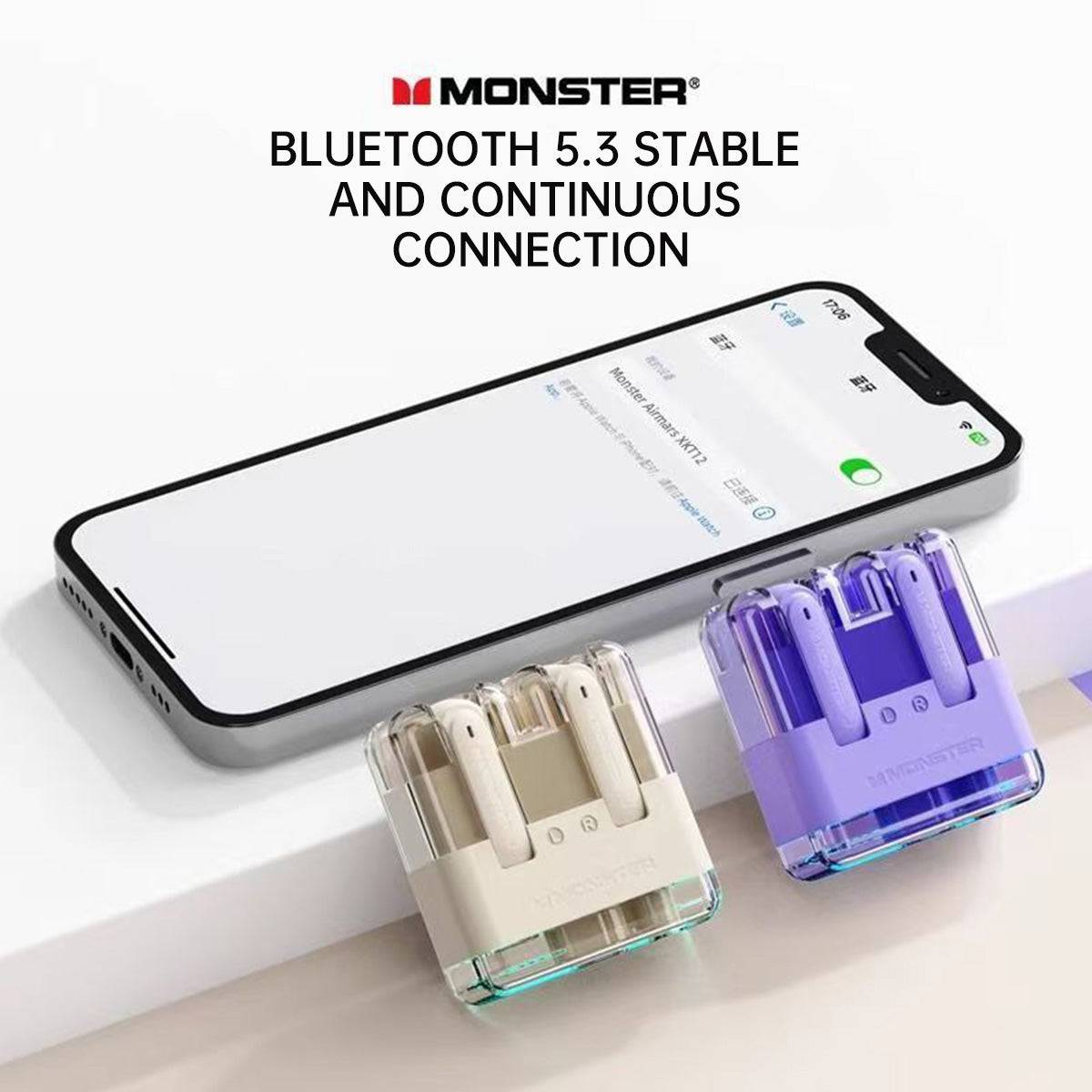 MONSTER XKT12 Bluetooth 5.3 earphones connected to a smartphone, ensuring a stable and continuous wireless connection.