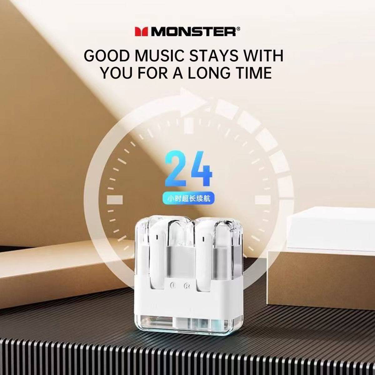 MONSTER XKT12 Bluetooth Wireless Earphones with 24-hour battery life, ensuring long-lasting music playback.