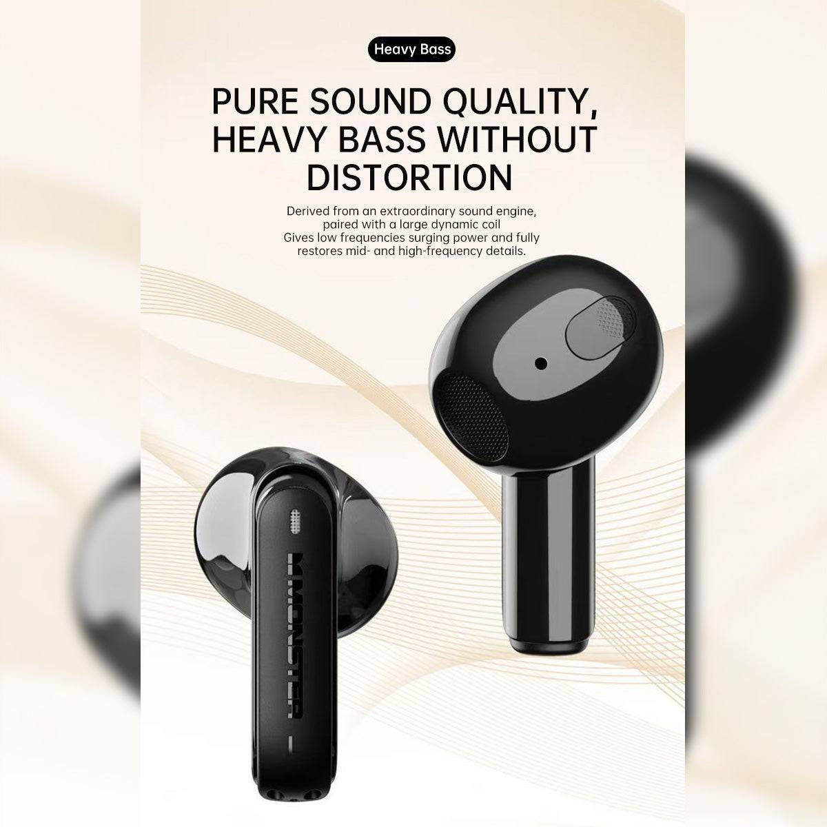 Black MONSTER XKT12 earphones with heavy bass and distortion-free sound, designed for immersive audio experiences.