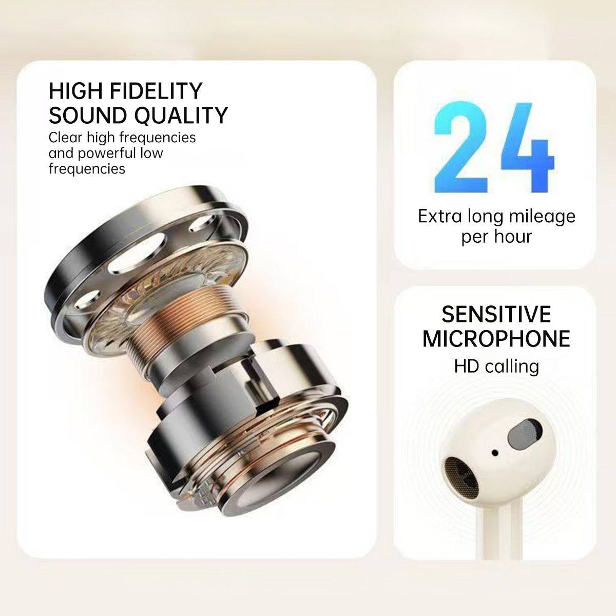 Close-up of MONSTER XKT12 earphone components, highlighting high-fidelity sound quality and a sensitive microphone for HD calling.