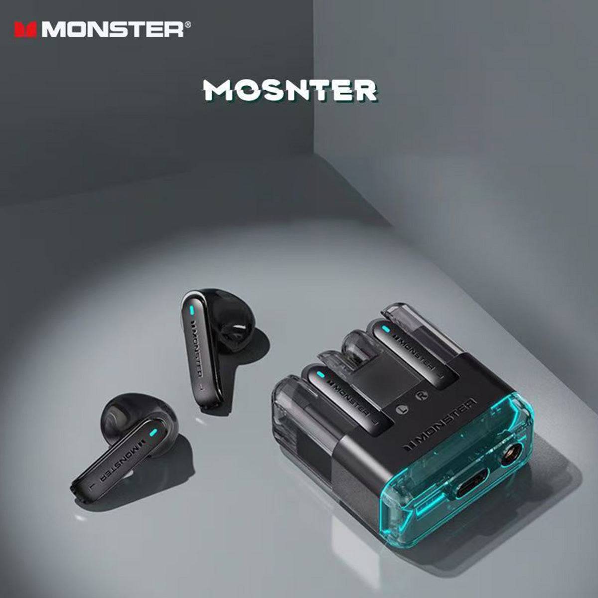 Black MONSTER XKT12 Bluetooth Wireless Earphones with a transparent case and blue lighting, delivering premium sound quality.