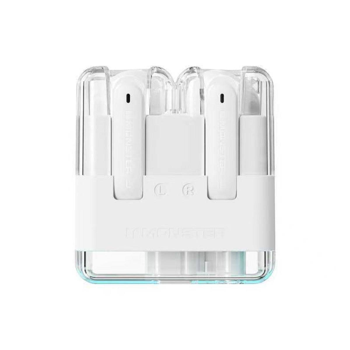 MONSTER XKT12 Bluetooth Wireless Earphones in a transparent white charging case with a sleek design. Offers premium sound, deep bass, and long battery life.
