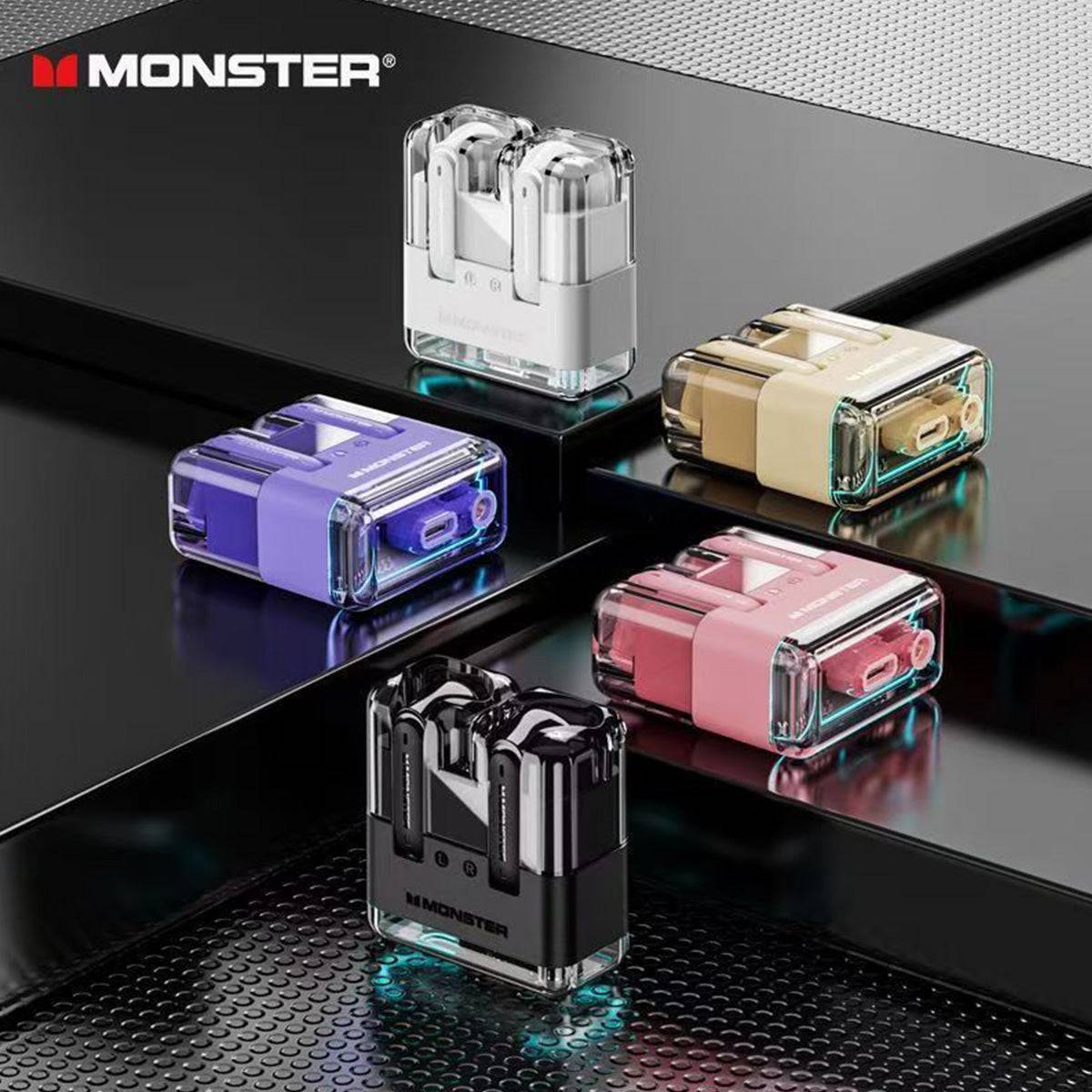 MONSTER XKT12 Bluetooth Wireless Earphones in multiple colors, featuring a stylish transparent charging case. Delivers stable connectivity and immersive audio.