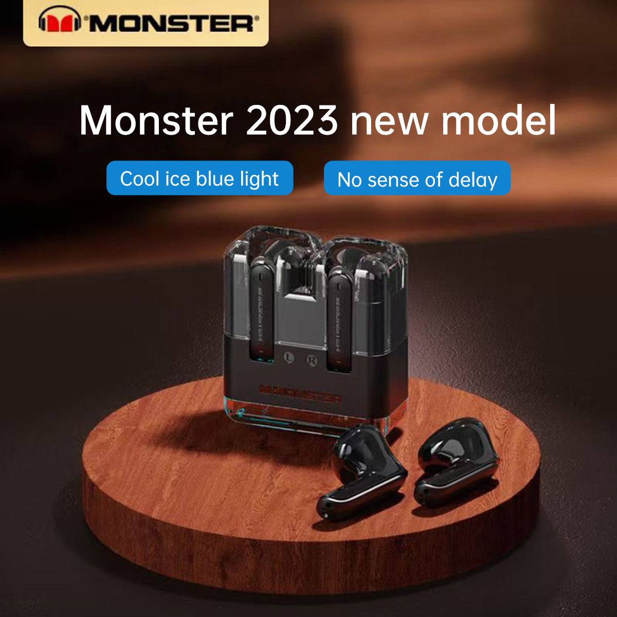 MONSTER XKT12 2023 model earphones in black with a transparent case, featuring cool ice blue light and ultra-low latency.