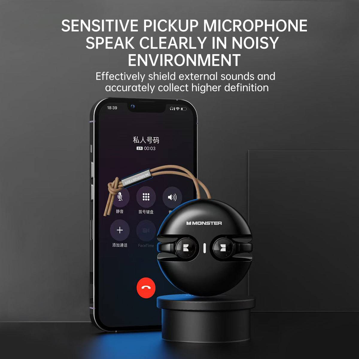 MONSTER XKT21 Wireless Earphones with a sensitive pickup microphone for clear calls in noisy environments and effective external noise shielding.