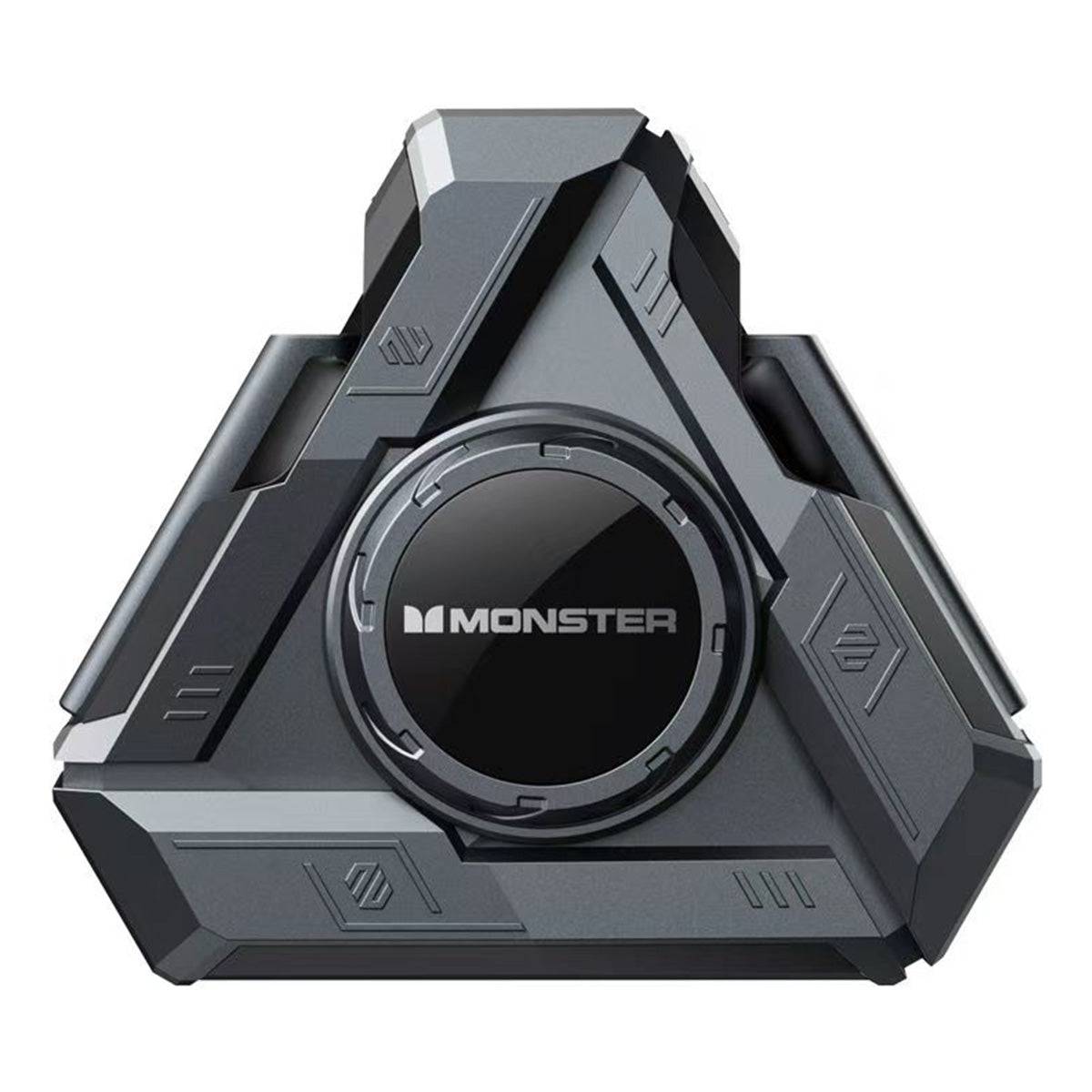 MONSTER XKT22 Bluetooth Wireless Earphones in a futuristic black triangular charging case with a sleek design.