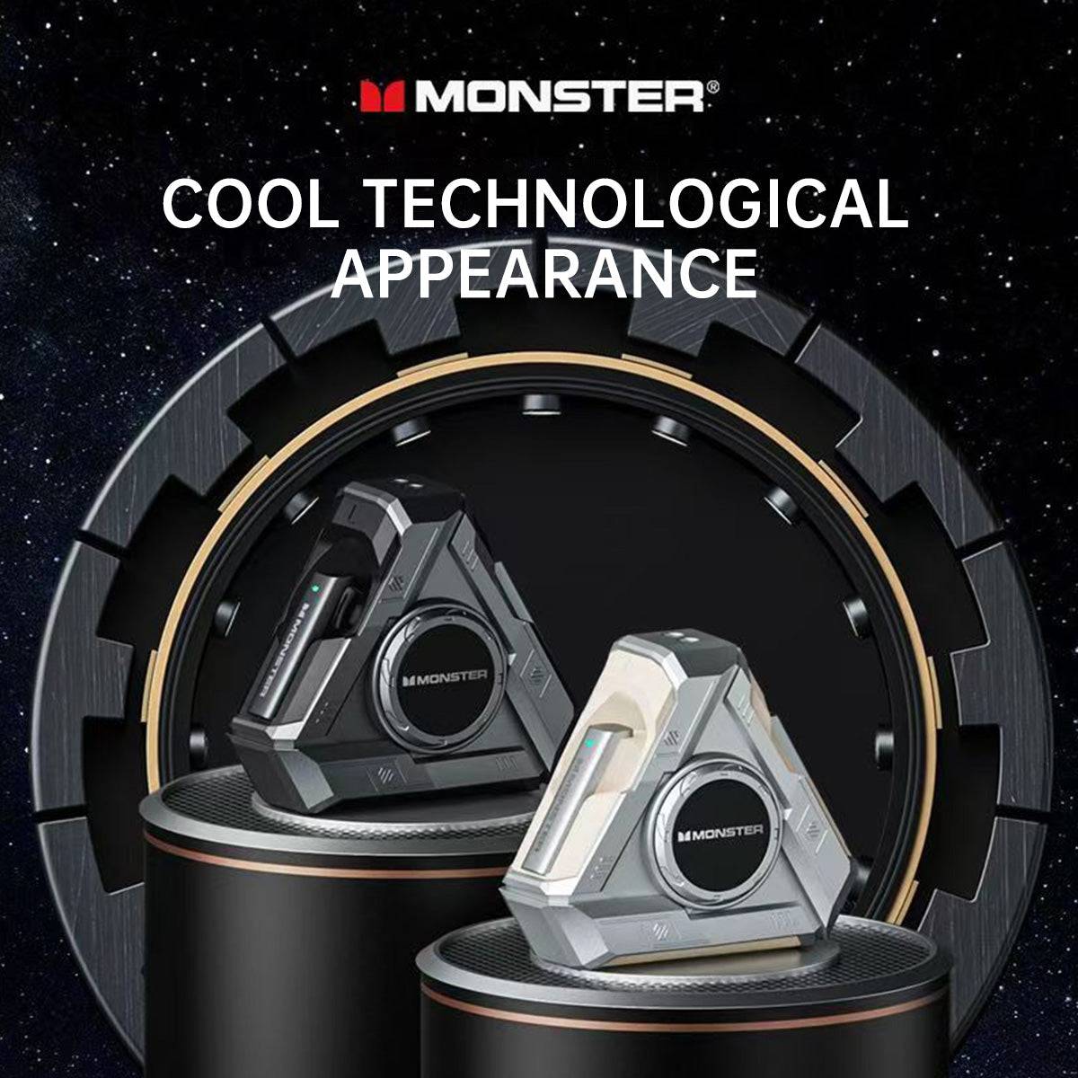 MONSTER XKT22 Bluetooth Earphones with a cool technological appearance, displayed in a sci-fi-inspired setting.