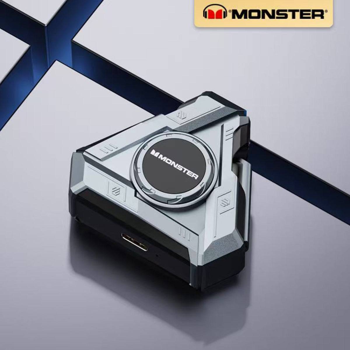 MONSTER XKT22 Bluetooth Earphones in a sleek black charging case with a futuristic design and premium build.