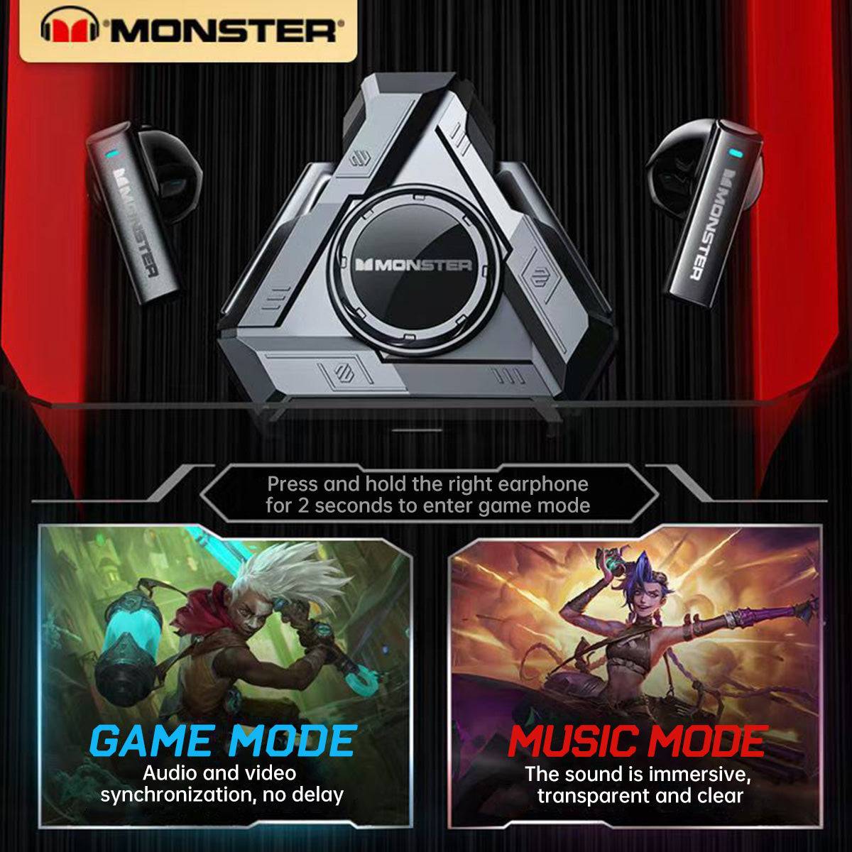 MONSTER XKT22 Earphones featuring Game Mode and Music Mode for immersive audio and seamless synchronization.