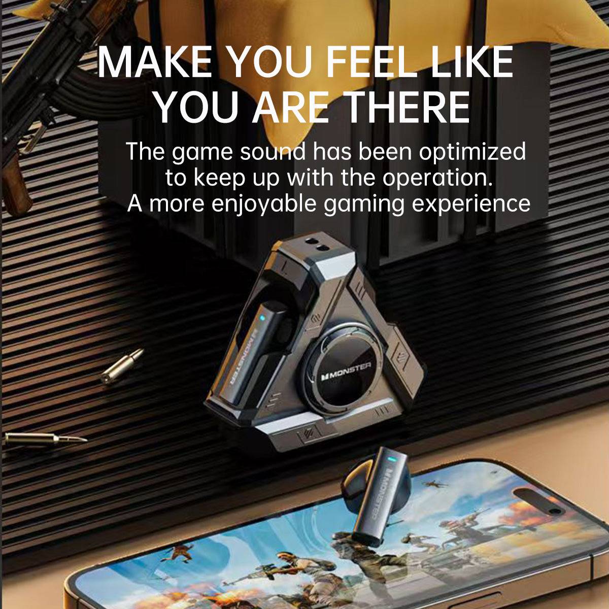 MONSTER XKT22 gaming earphones optimizing sound for an immersive gaming experience with real-time audio feedback.