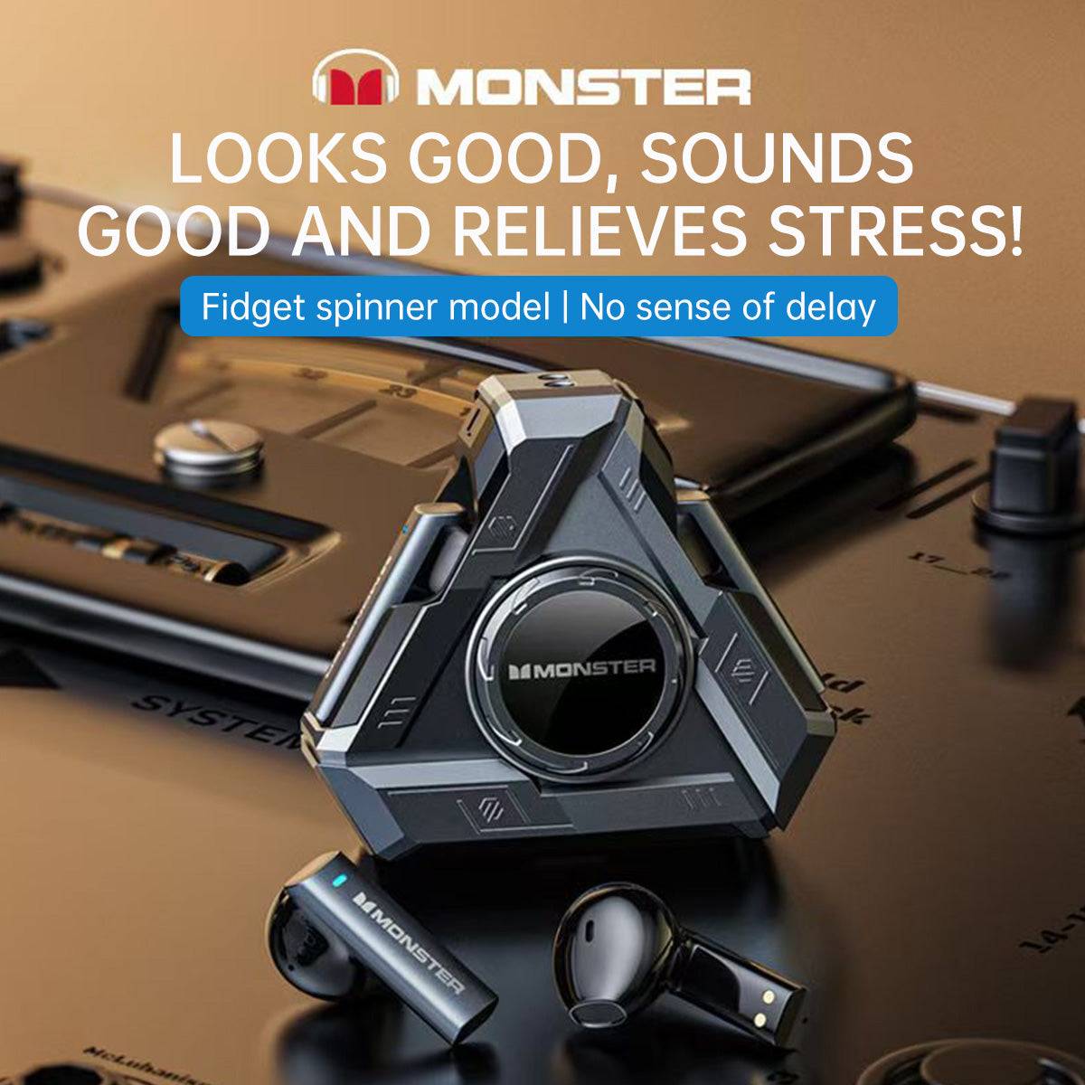 MONSTER XKT22 fidget spinner model earphones with no delay, offering high-quality sound and stress relief.