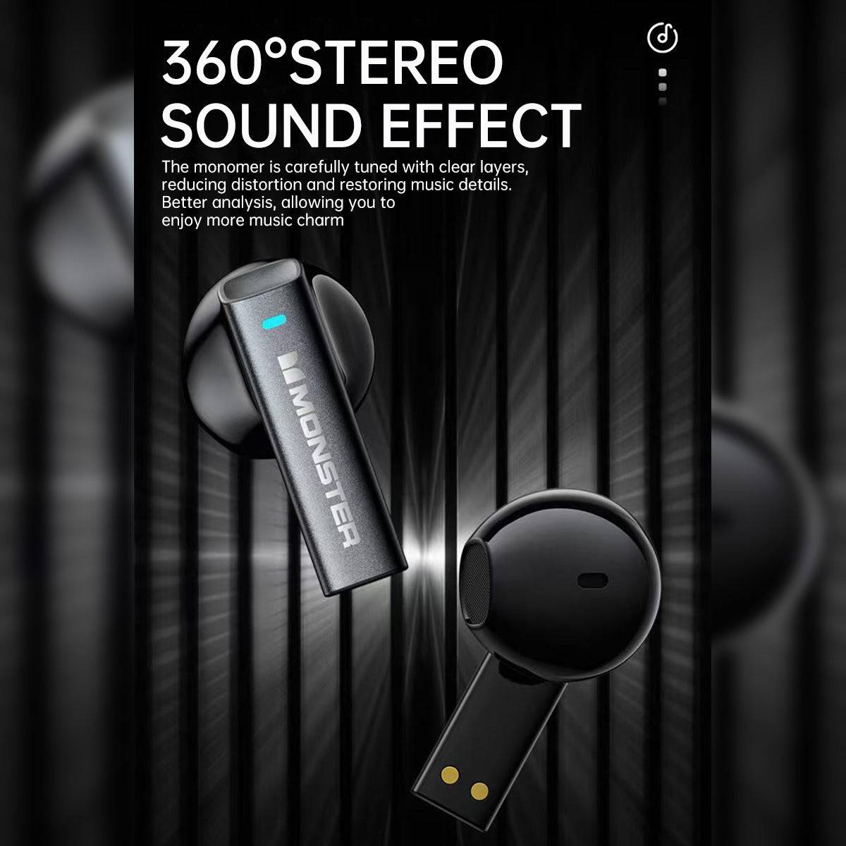 MONSTER XKT22 Bluetooth Earphones with 360° stereo sound effect, delivering clear and distortion-free audio.