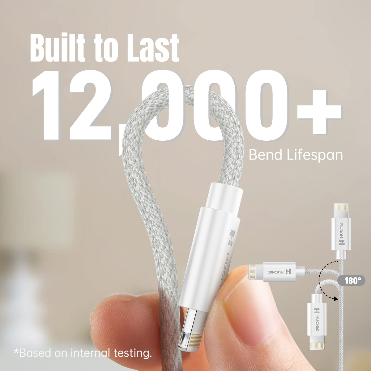 Hugmie Nylon Braided 20W Type C to Lightning Charger Cable 2M shown with 12,000+ bend lifespan and durable braided design for long-lasting use.