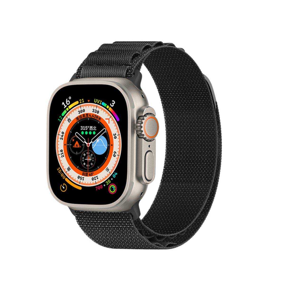 Black Mountain Series Nylon Apple Watch Band attached to an Apple Watch Ultra, offering a sleek and rugged look for outdoor adventures.