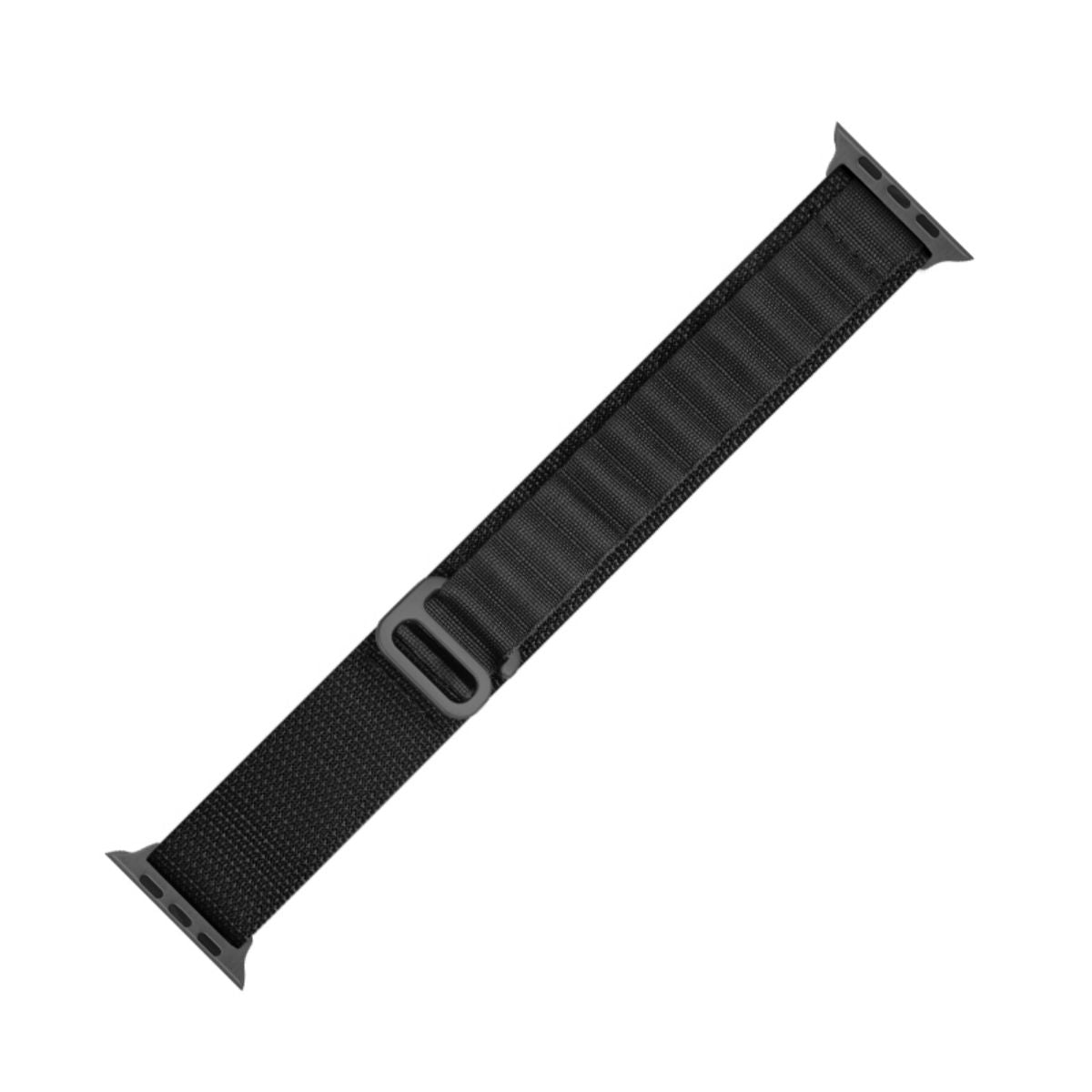 Black Mountain Series Nylon Apple Watch Band laid flat, showcasing its durable nylon material and adjustable buckle for a secure fit.