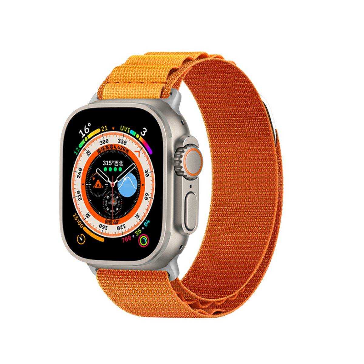 Mountain Series Nylon Apple Watch Band in orange, securely attached to an Apple Watch Ultra. Durable and breathable design for adventure seekers.