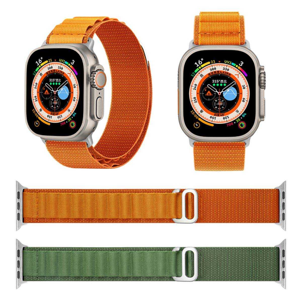 Two Mountain Series Nylon Apple Watch Bands in orange and green, displayed alongside an Apple Watch Ultra for comparison.