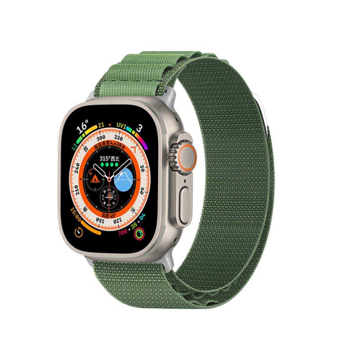 Green Mountain Series Nylon Apple Watch Band 42/44/45mm attached to an Apple Watch Ultra. Durable and breathable design for outdoor adventures.