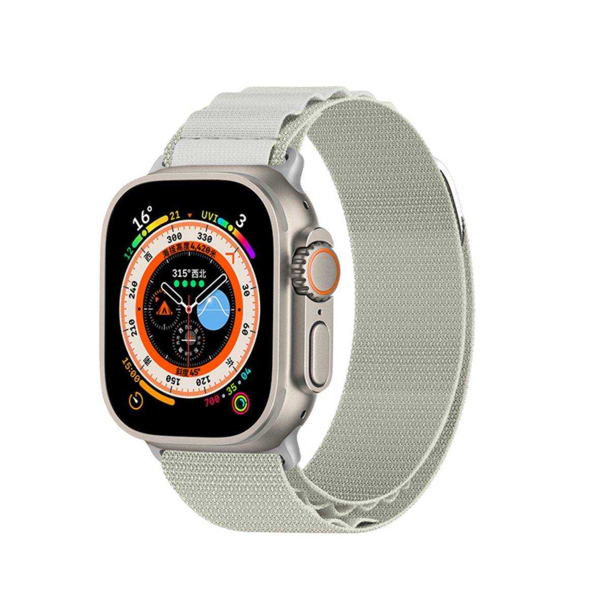 Starlight Mountain Series Nylon Apple Watch Band attached to an Apple Watch Ultra. Elegant and durable for any occasion.