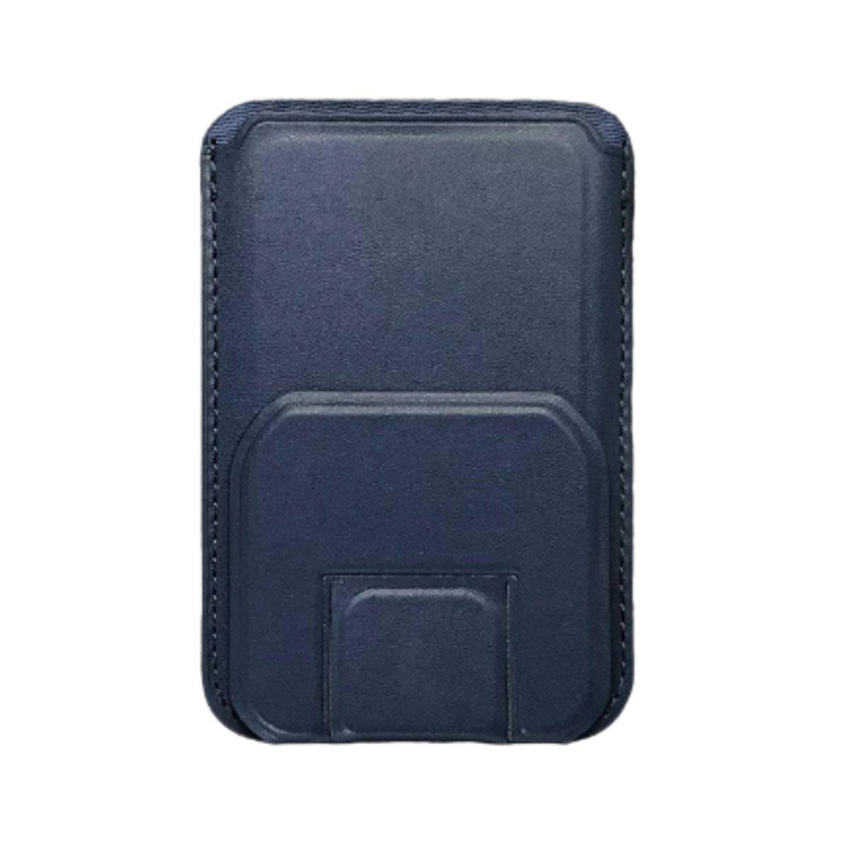 Front view of the MRC043 Magnetic Leather Phone Wallet Stand in blue, showcasing its smooth leather finish and compact card slot.