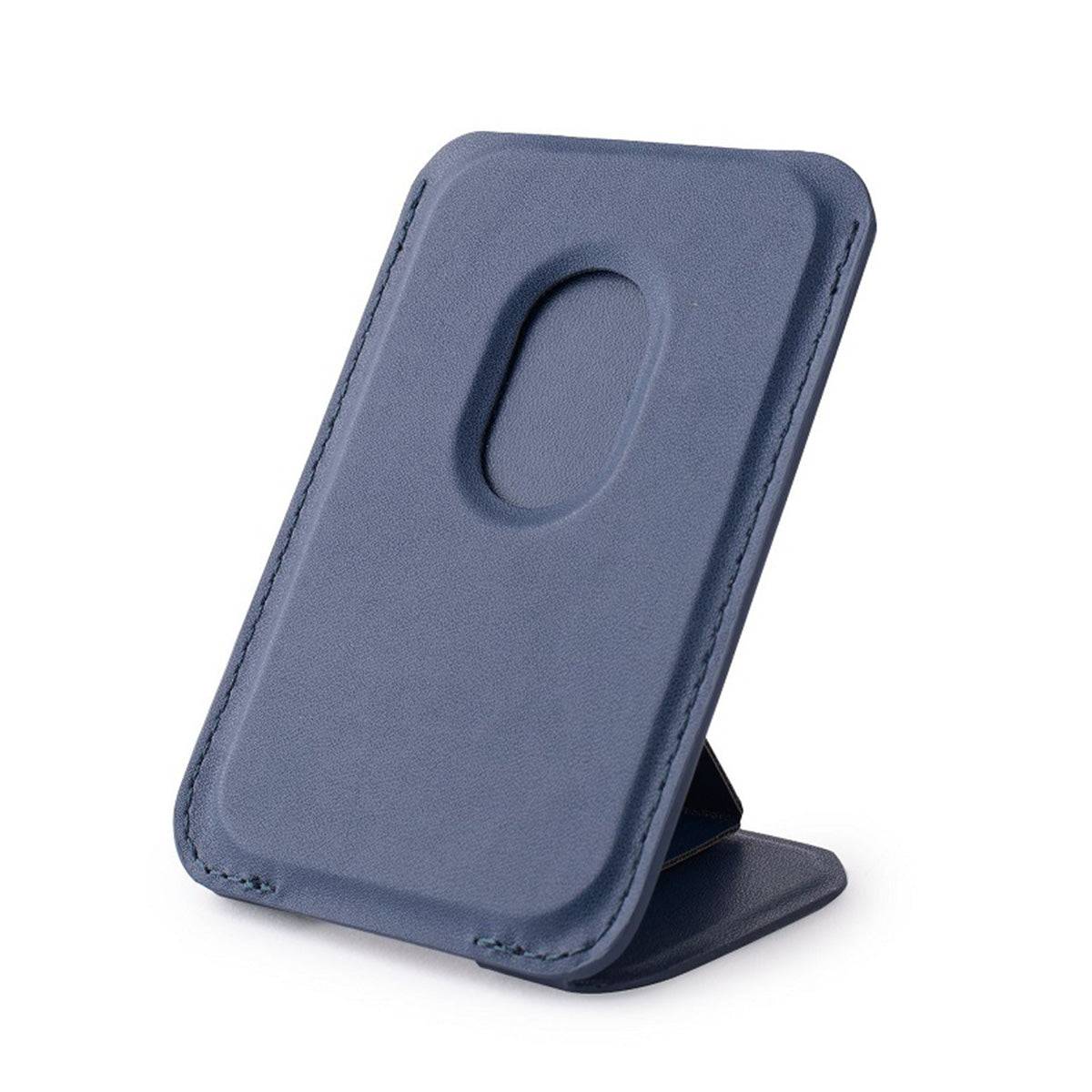MRC043 Magnetic Leather Phone Wallet Stand in blue, featuring a sleek foldable design for hands-free viewing and secure card storage.