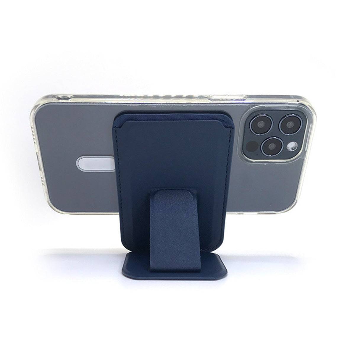 MRC043 Magnetic Leather Phone Wallet Stand attached to a smartphone, providing a stable horizontal viewing angle with its foldable stand.