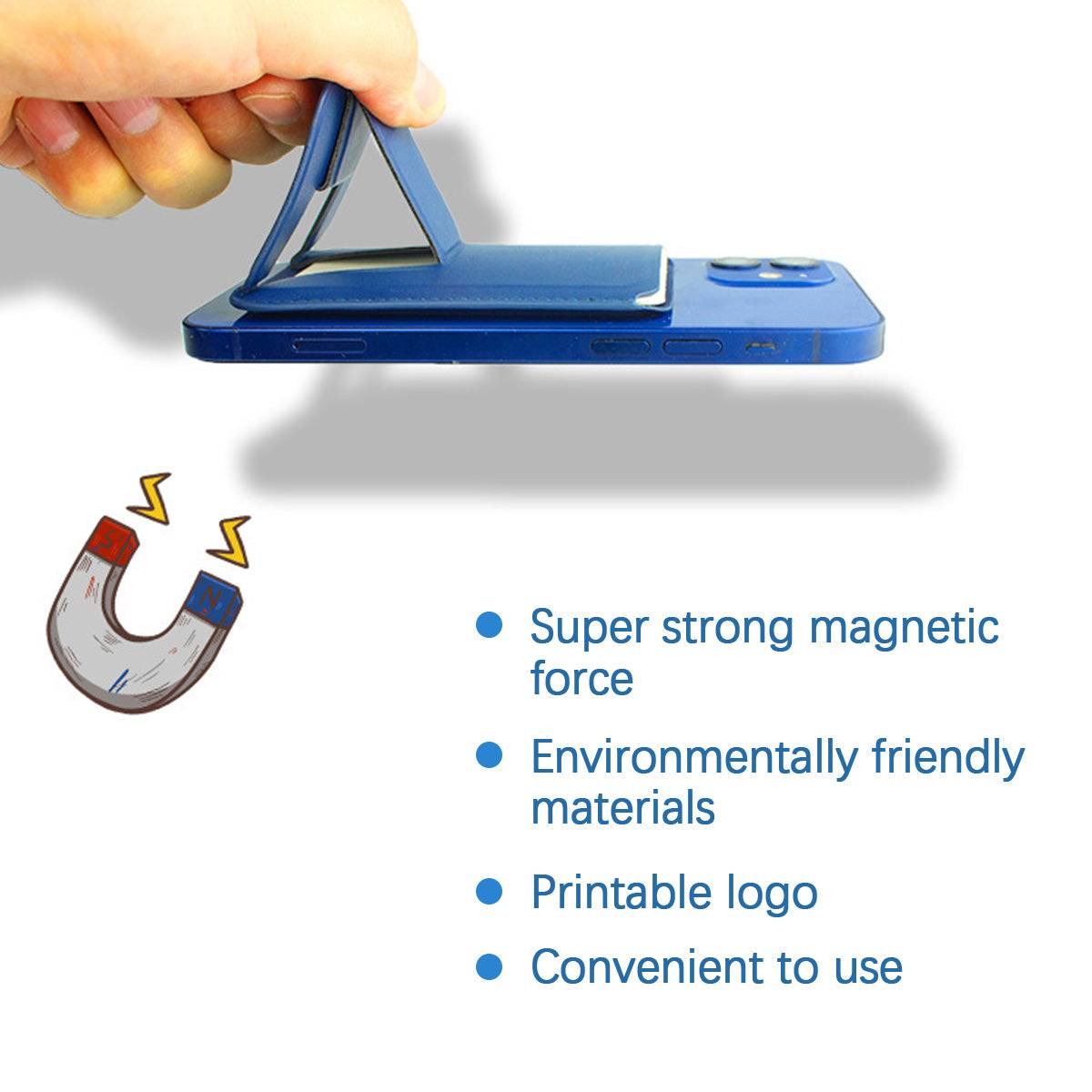 Demonstration of the MRC043 Magnetic Leather Phone Wallet Stand’s strong magnetic force, eco-friendly materials, and customizable logo option.