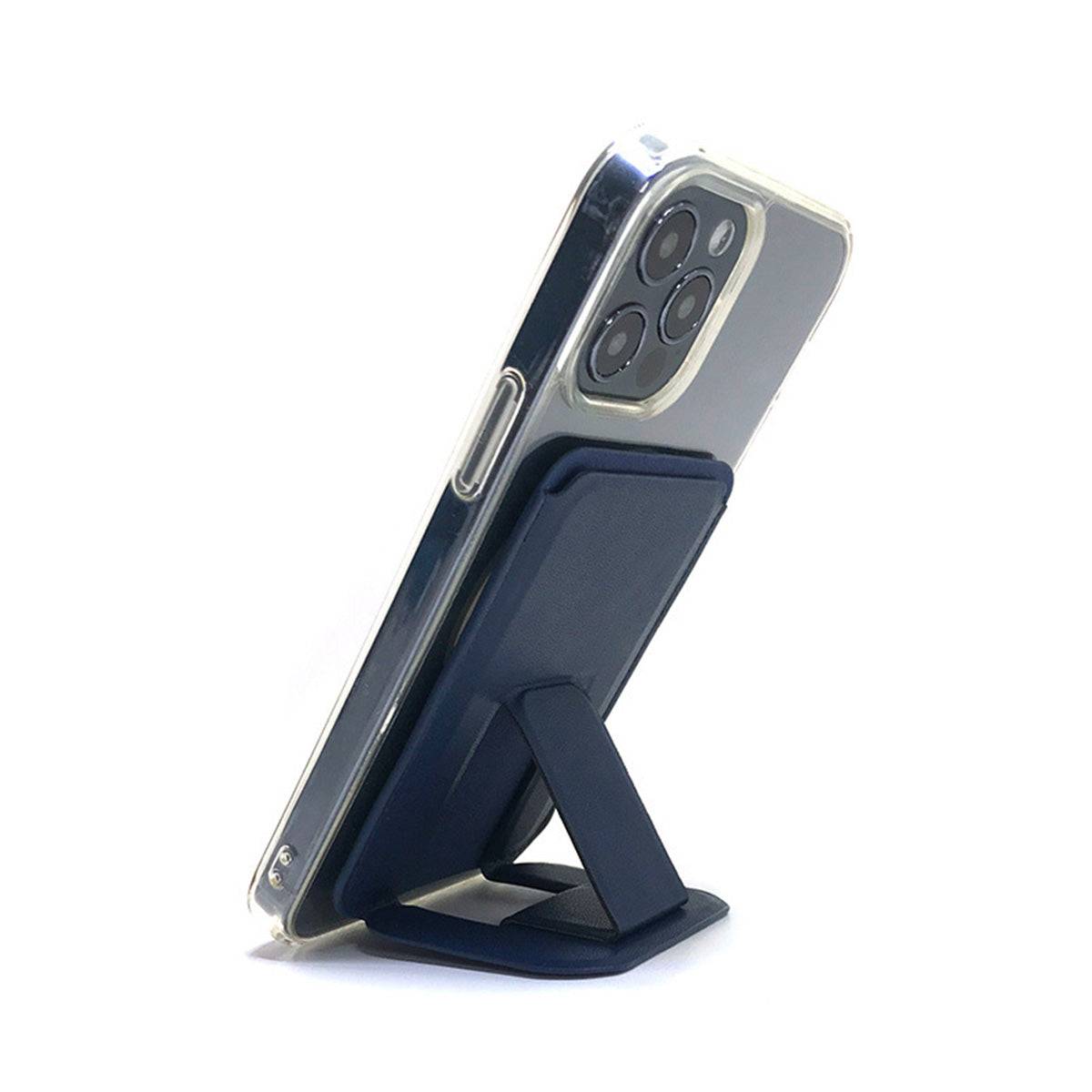 Side view of the MRC043 Magnetic Leather Phone Wallet Stand in use, showcasing its sturdy support for hands-free phone usage.