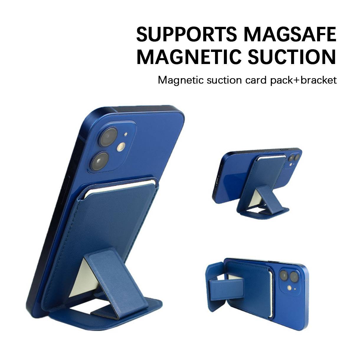 MRC043 Magnetic Leather Phone Wallet Stand supporting MagSafe magnetic suction, doubling as a sturdy phone stand and cardholder.