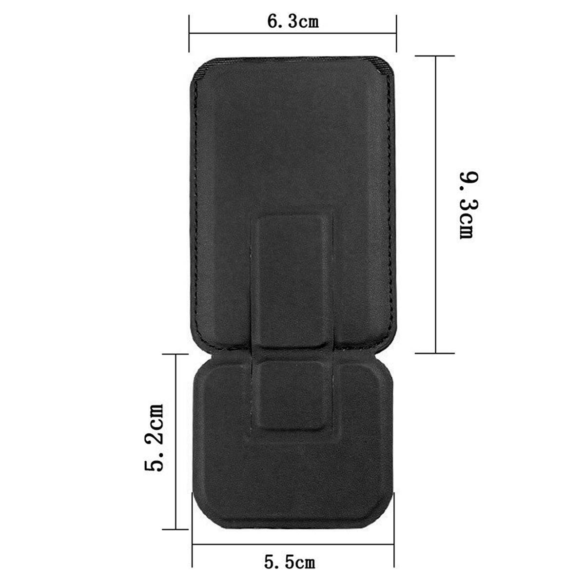 Detailed dimensions of the MRC043 Magnetic Leather Phone Wallet Stand, measuring 9.3cm by 6.3cm when folded and 5.2cm extended.