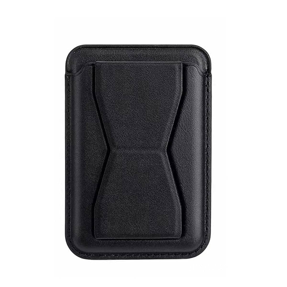 MRC047 Leather Phone Card Holder with Stand in black, featuring a sleek PU leather design for secure card storage and hands-free phone use.