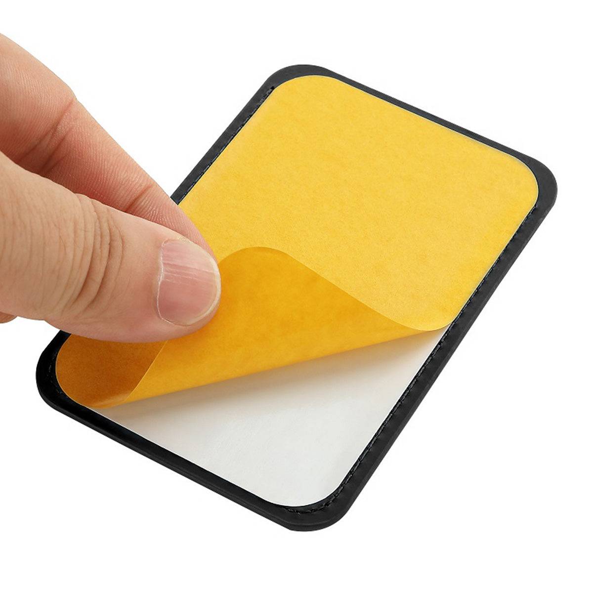 Adhesive backing of the MRC047 Leather Phone Card Holder with Stand, ensuring a secure attachment to smartphones for reliable card storage.