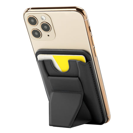 MRC047 Leather Phone Card Holder with Stand attached to a smartphone, holding cards securely while providing a sturdy kickstand for hands-free viewing.